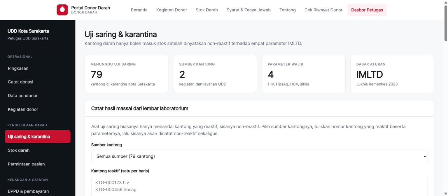 Halaman uji saring dan karantina dengan pencatatan hasil massal dari lembar laboratorium