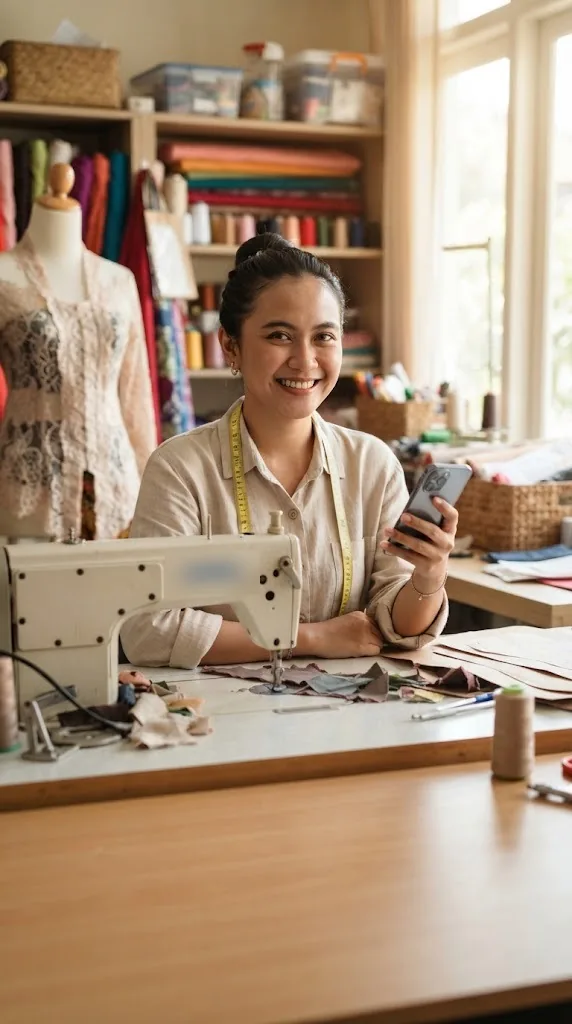 Penjahit perempuan tersenyum di depan mesin jahit sambil memegang HP, pita ukur di leher