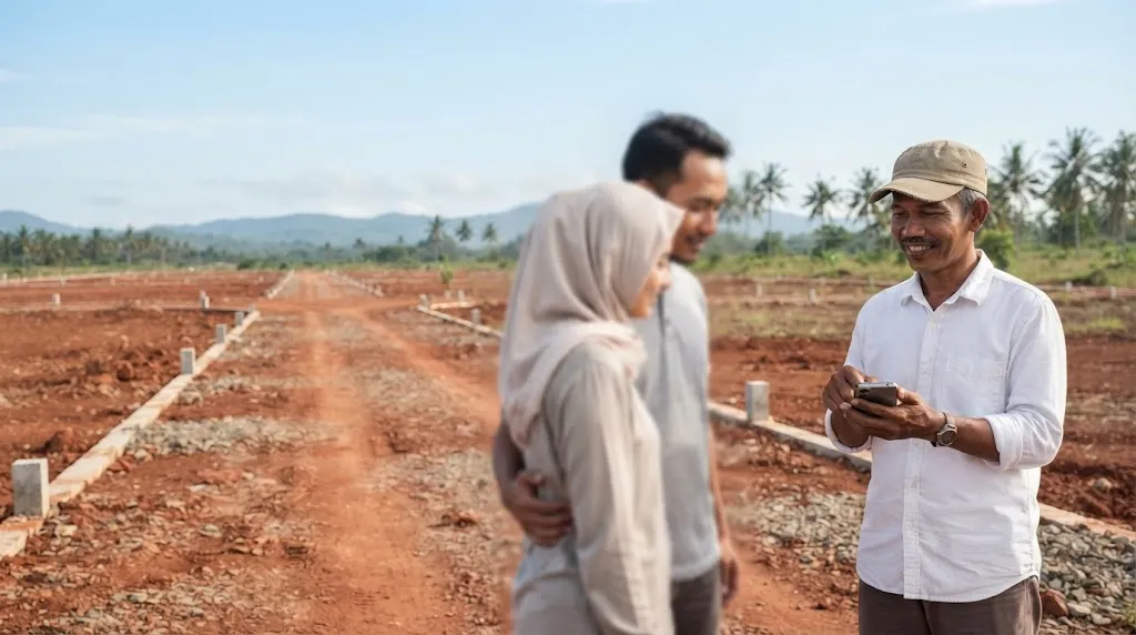 Pengembang kapling menunjukkan layar HP kepada pasangan calon pembeli di lahan kapling berpatok