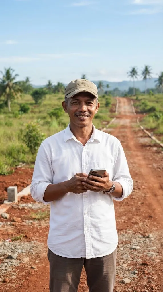 Pengembang kapling bertopi lapangan tersenyum memegang HP di lahan kapling