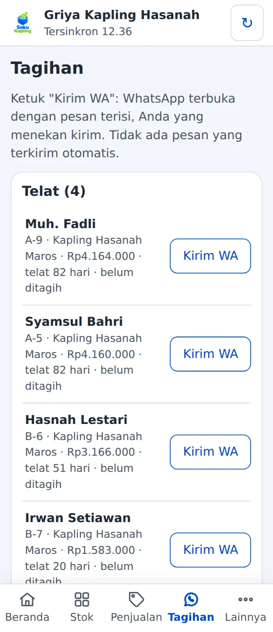 Layar Tagihan: daftar pembeli telat bayar dengan tombol Kirim WA