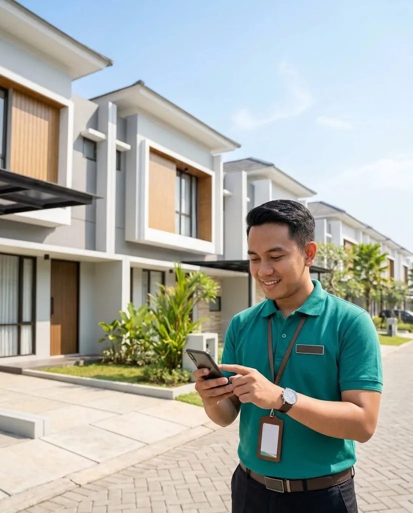 Marketing perumahan berkaos polo memegang HP di depan deretan rumah contoh