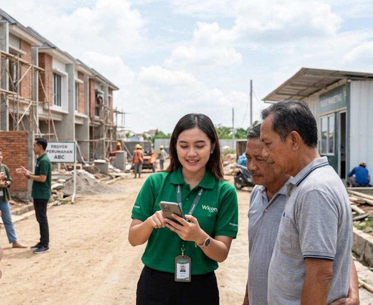 Marketing perumahan menjelaskan angsuran lewat HP kepada dua calon pembeli di lokasi proyek