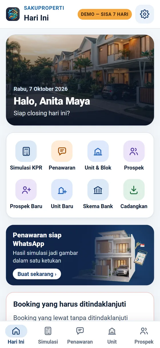 Layar Hari Ini SakuProperti: sapaan, menu delapan ikon, dan booking yang harus ditindaklanjuti