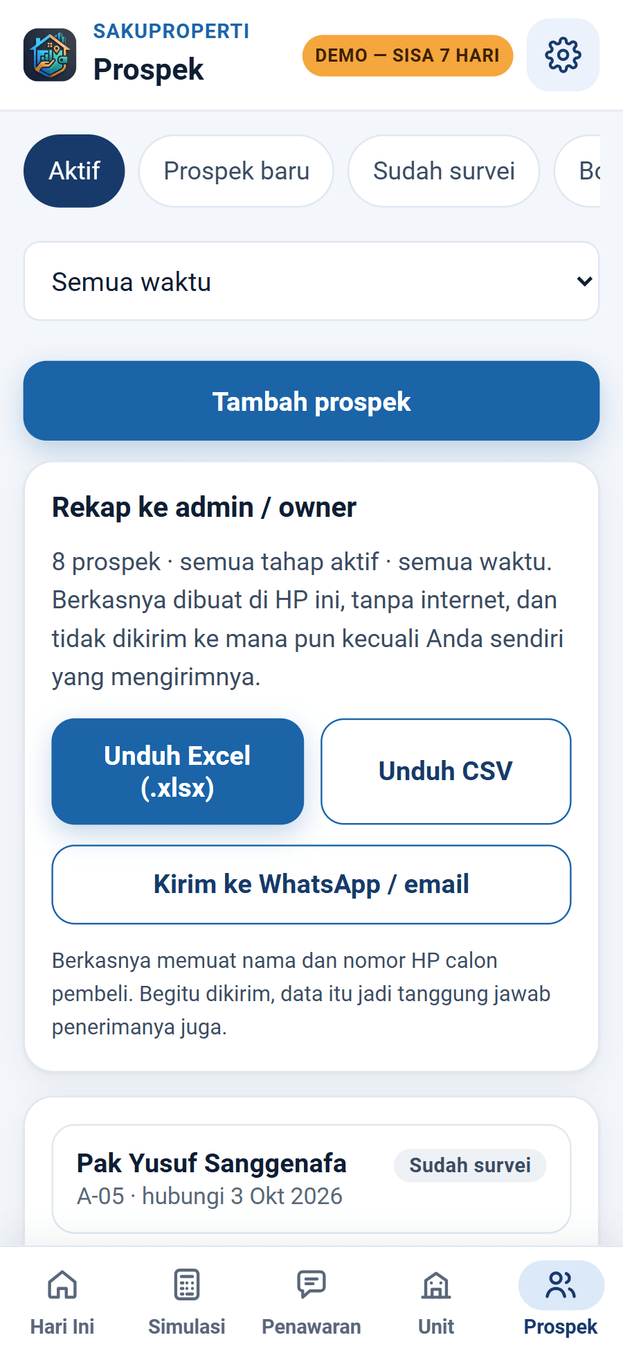 Layar Prospek: tahapan prospek, penyaring tanggal masuk, dan rekap Excel/CSV untuk dikirim ke admin