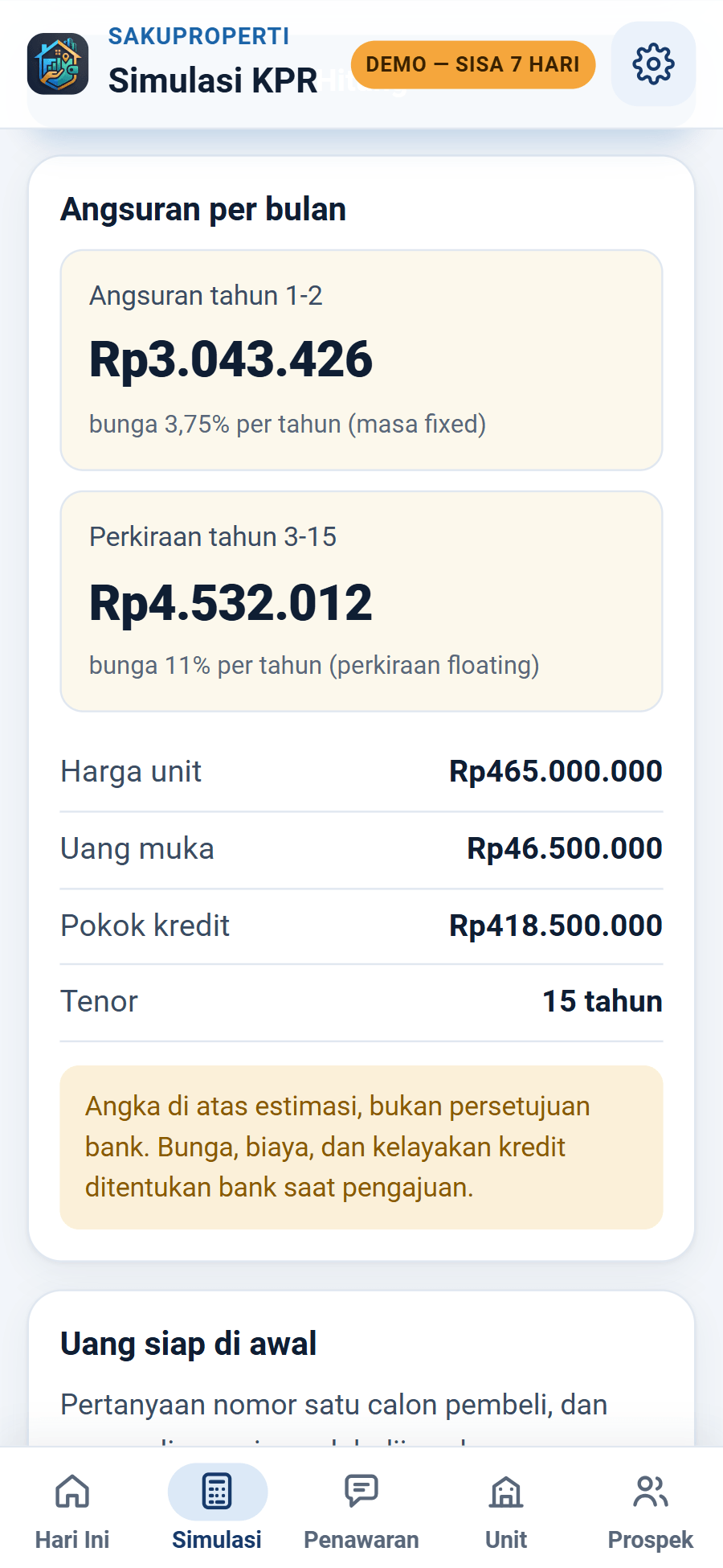 Layar Simulasi KPR: angsuran masa fixed dan perkiraan setelah masa fixed, berdampingan