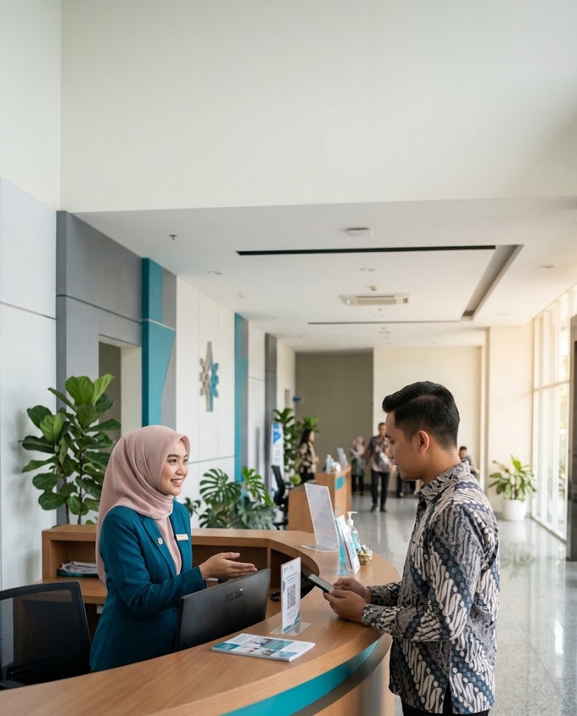 Resepsionis menyambut tamu yang memindai QR Code di meja lobi kantor