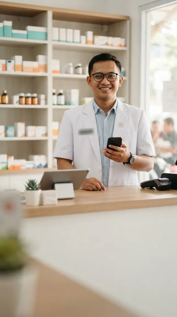 Apoteker berjas putih tersenyum di balik meja apotek sambil memegang HP