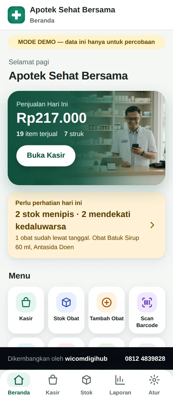 Layar Beranda Tokiva Apotek: penjualan hari ini, peringatan stok menipis dan kedaluwarsa, menu delapan ikon