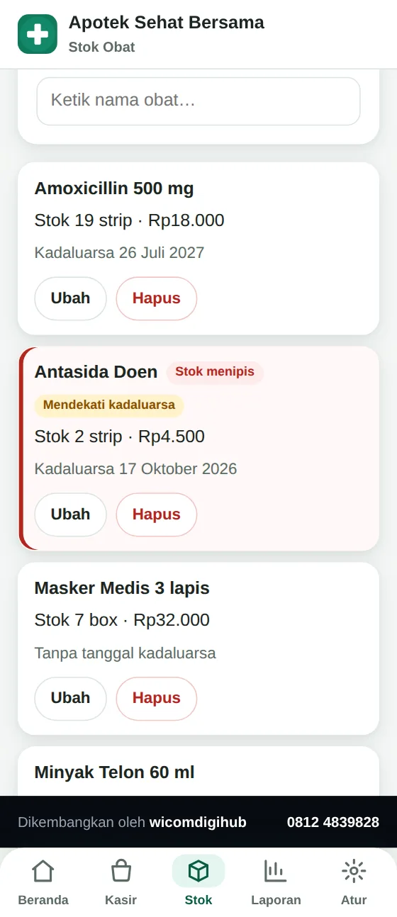 Layar Stok Obat: daftar obat dengan stok, harga, tanggal kedaluwarsa, dan tanda stok menipis