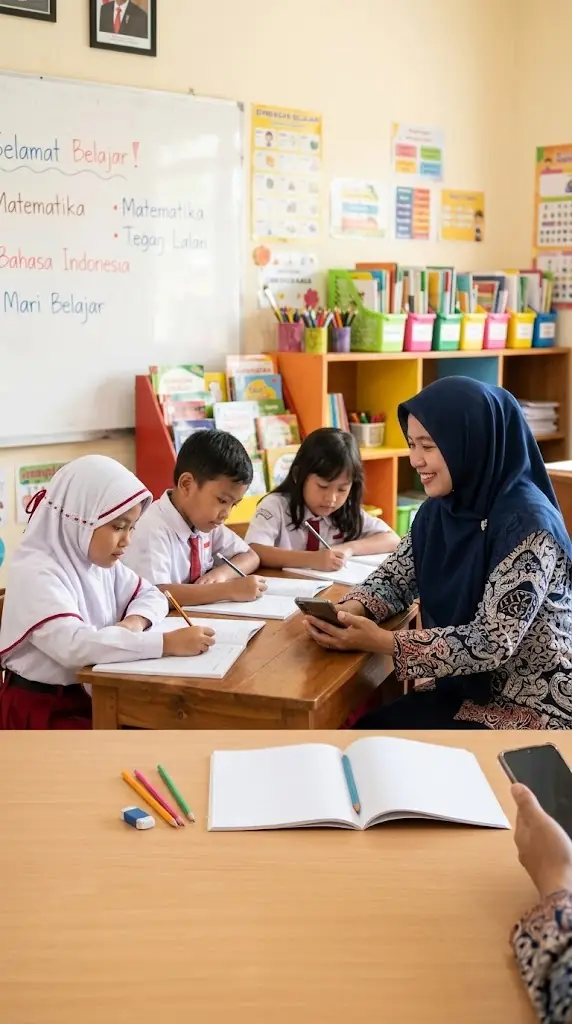 Ibu guru bimbel duduk bersama tiga murid SD yang sedang menulis, sambil memegang HP