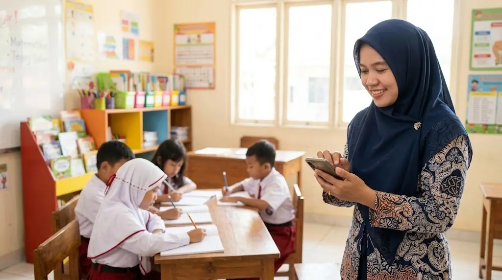 Ibu guru mengabsen murid SD lewat HP di ruang kelas bimbel yang terang