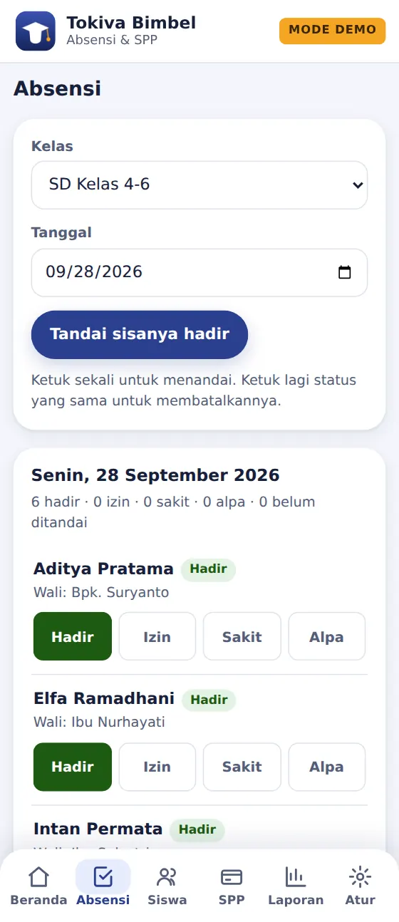 Layar Absensi: empat tombol Hadir, Izin, Sakit, Alpa untuk tiap siswa di kelas yang dipilih