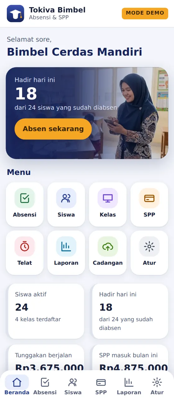 Layar Beranda Tokiva Bimbel yang baru: jumlah siswa hadir hari ini, tombol Absen sekarang, dan menu delapan ikon