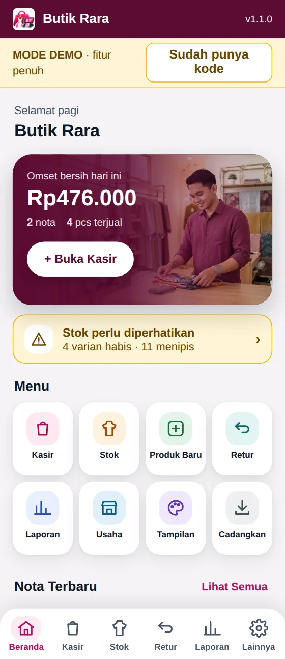 Layar Beranda Tokiva Butik: omset bersih hari ini, nota, pcs terjual, peringatan stok, dan menu delapan ikon