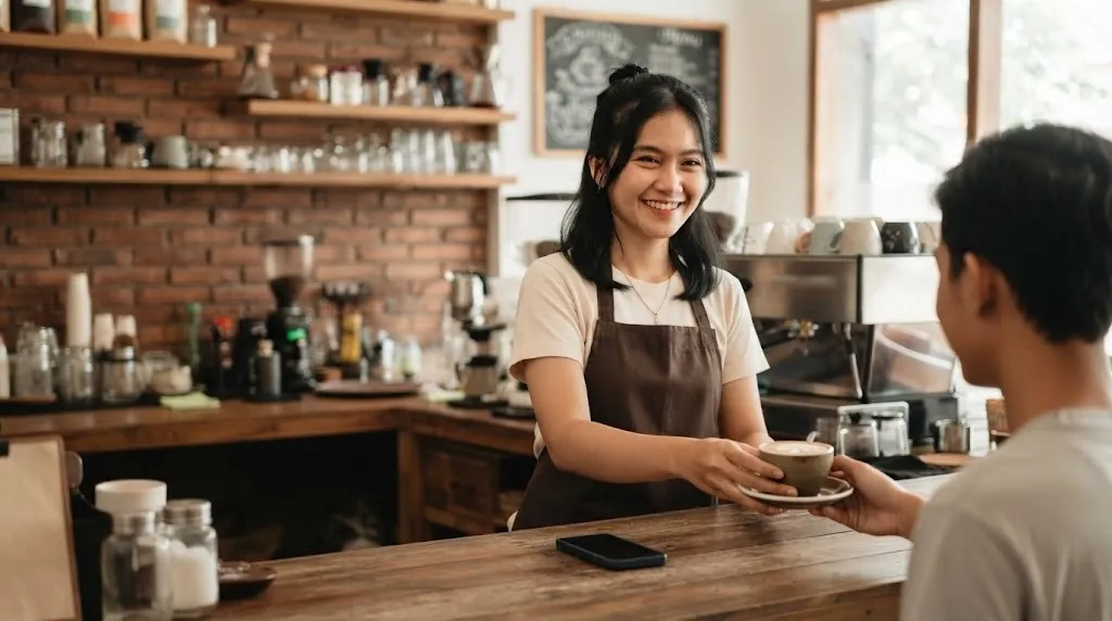 Barista menyerahkan secangkir latte kepada pelanggan di meja bar kedai kopi