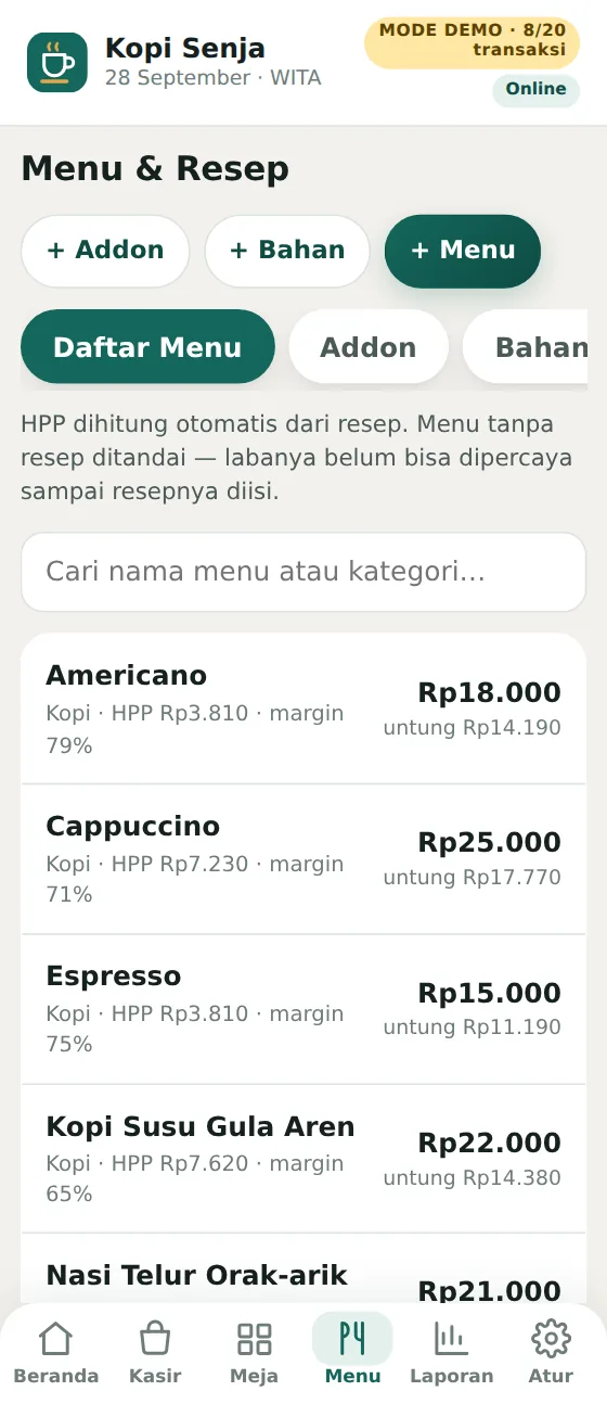 Layar Menu & Resep: tiap menu dengan HPP dari resep, margin, dan untung per porsi