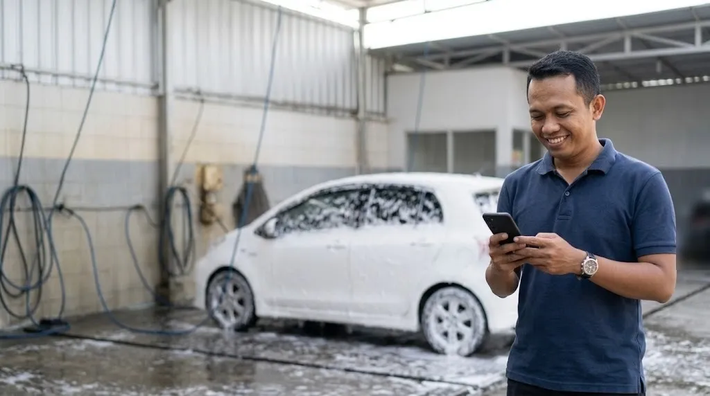 Pemilik usaha cuci tersenyum melihat HP, mobil putih penuh busa dan selang air di belakangnya
