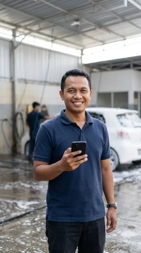 Pemilik usaha cuci kendaraan berkaos polo biru tua tersenyum memegang HP di area cuci
