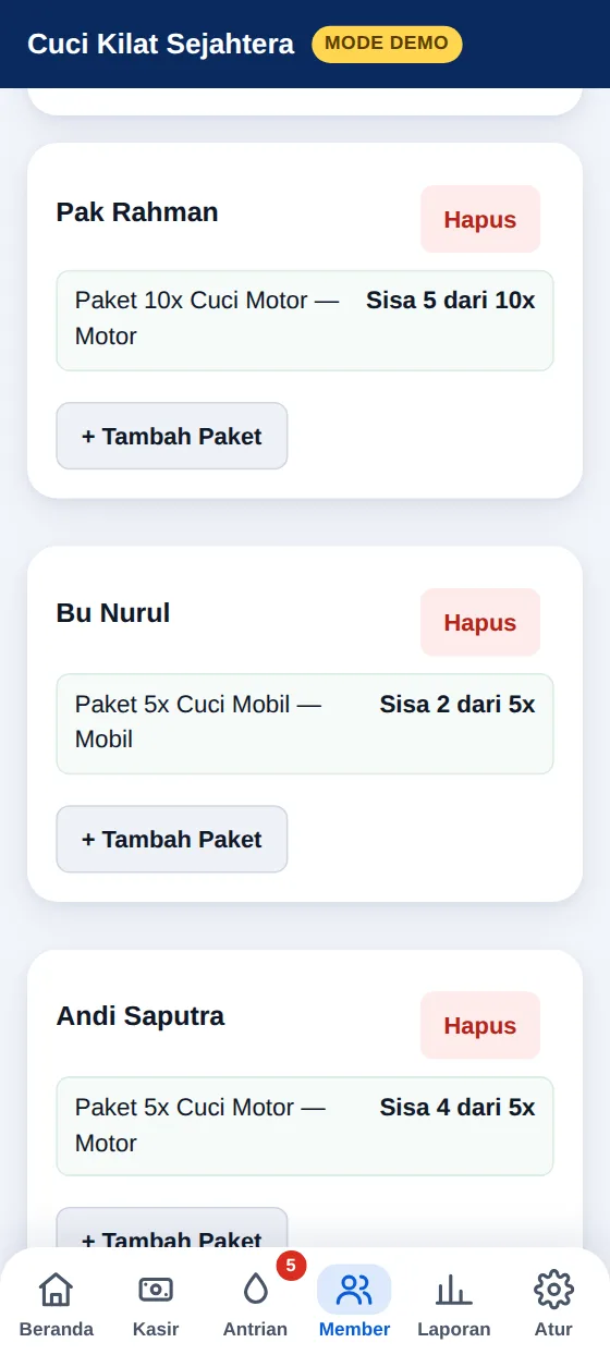 Layar Member: daftar pelanggan dengan paket cuci dan sisa kuota masing-masing