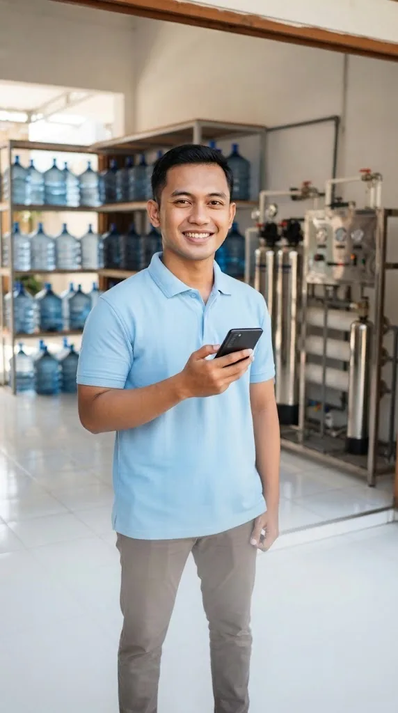 Pemilik depot air muda berkaos polo biru muda tersenyum memegang HP di depan rak galon