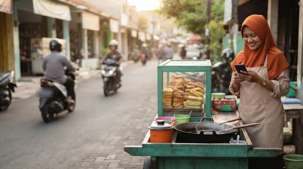 Penjual gorengan tersenyum melihat HP di balik gerobak hijau di pinggir jalan
