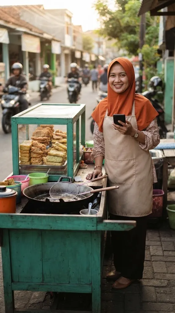 Ibu penjual gorengan berhijab tersenyum di samping gerobak sambil memegang HP