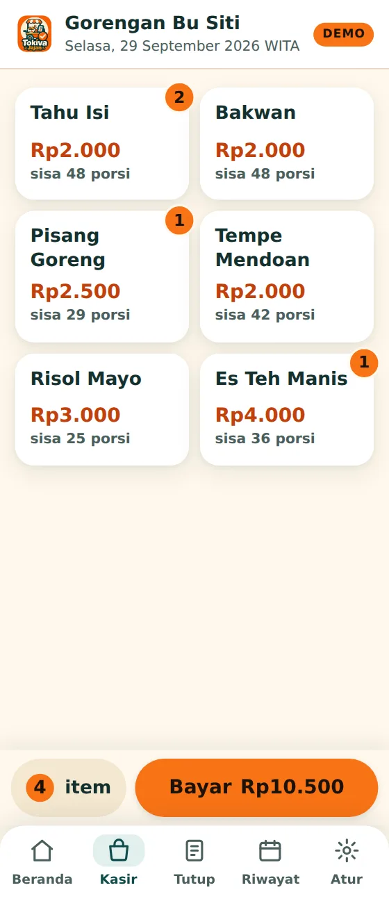 Layar Kasir: ubin gorengan dengan harga dan sisa porsi, tombol Bayar di bawah