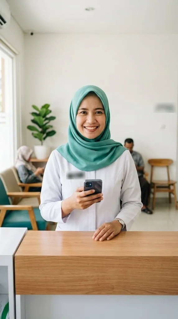 Bidan berhijab toska tersenyum memegang HP di meja pendaftaran klinik