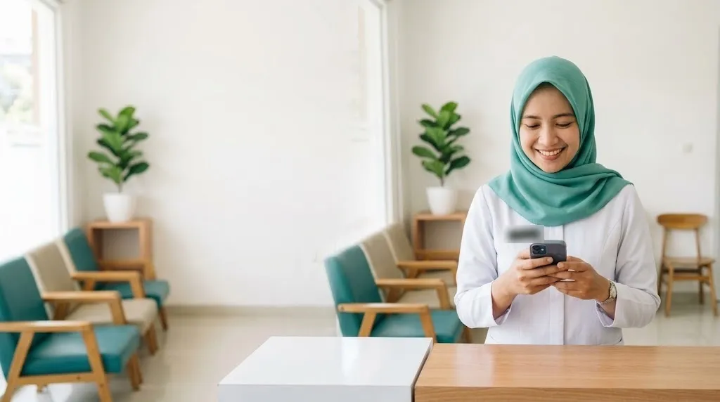 Bidan tersenyum melihat HP di meja pendaftaran, ruang tunggu klinik yang terang di belakangnya
