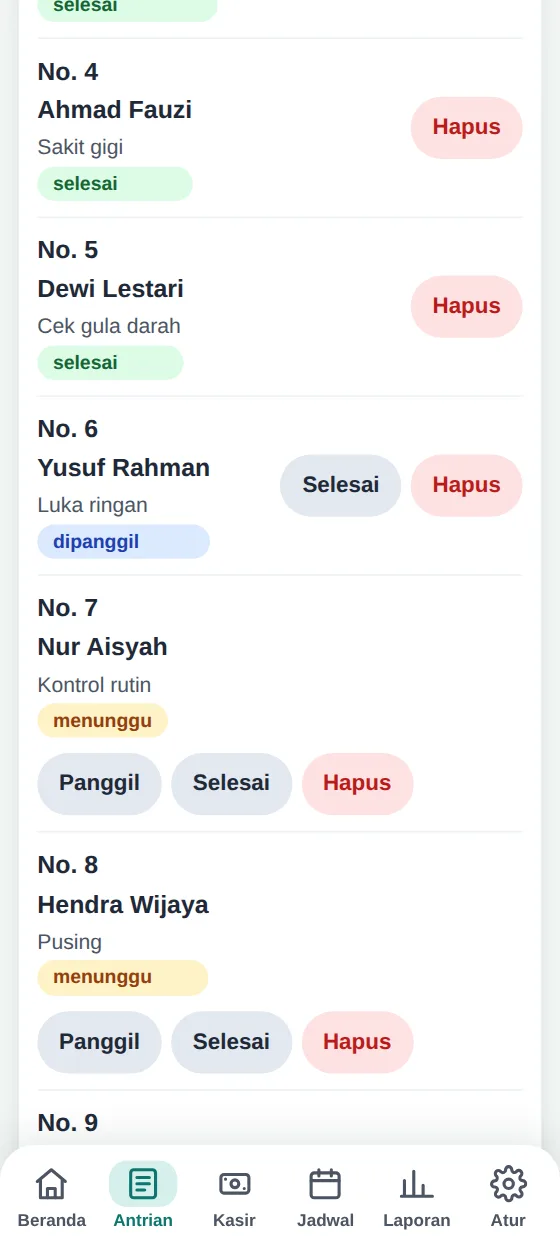 Layar Antrian: nomor antrian, nama pasien, keluhan, status, dan tombol Panggil atau Selesai