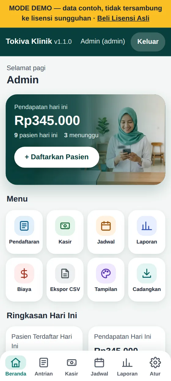 Layar Beranda Tokiva Klinik: pendapatan hari ini, jumlah pasien, yang menunggu, dan menu delapan ikon