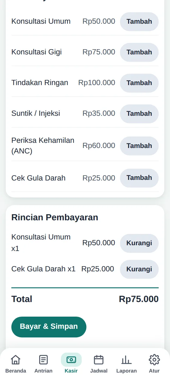 Layar Kasir: daftar layanan dan tarif, rincian pembayaran, dan total