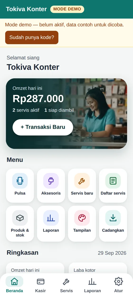 Layar Beranda Tokiva Konter: omzet hari ini, servis aktif, siap diambil, dan menu delapan ikon