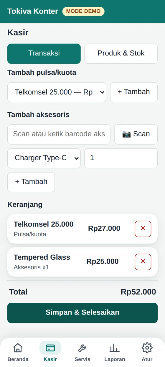 Layar Kasir: pulsa Telkomsel dan tempered glass dalam satu keranjang, total dan tombol simpan