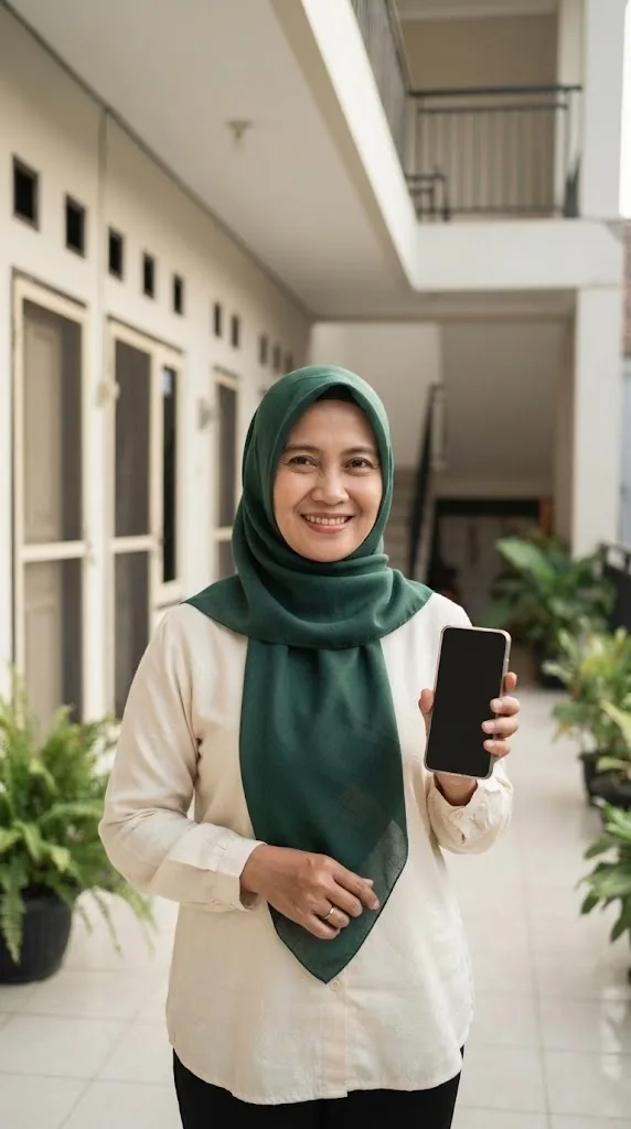 Ibu pemilik kost berhijab hijau tersenyum memegang HP di selasar kost