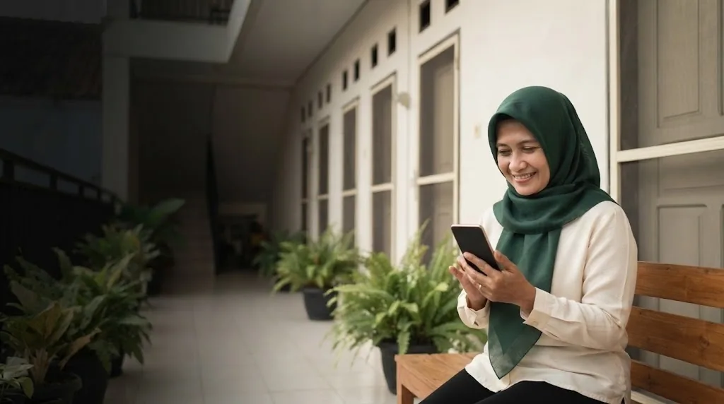Ibu pemilik kost duduk di bangku selasar kost sambil tersenyum melihat HP