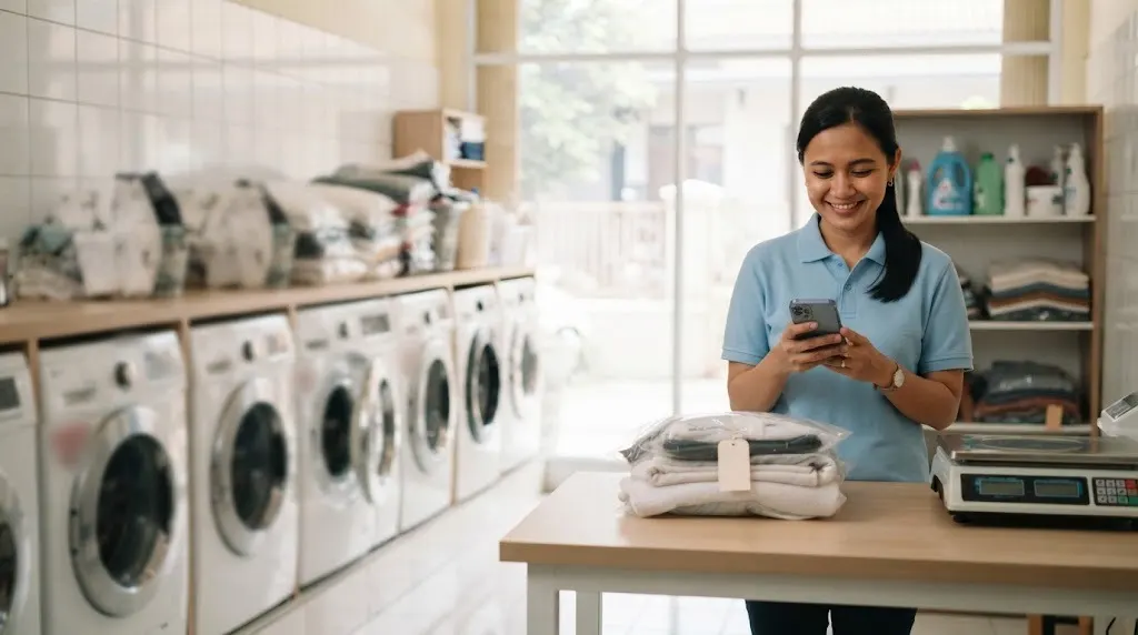 Pemilik laundry tersenyum melihat HP di samping timbangan, dengan deretan mesin cuci di belakangnya