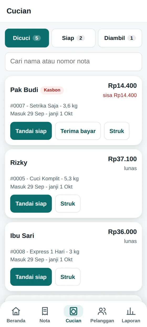 Layar Cucian: daftar nota yang sedang dicuci dengan tombol Tandai siap, Terima bayar, dan Struk