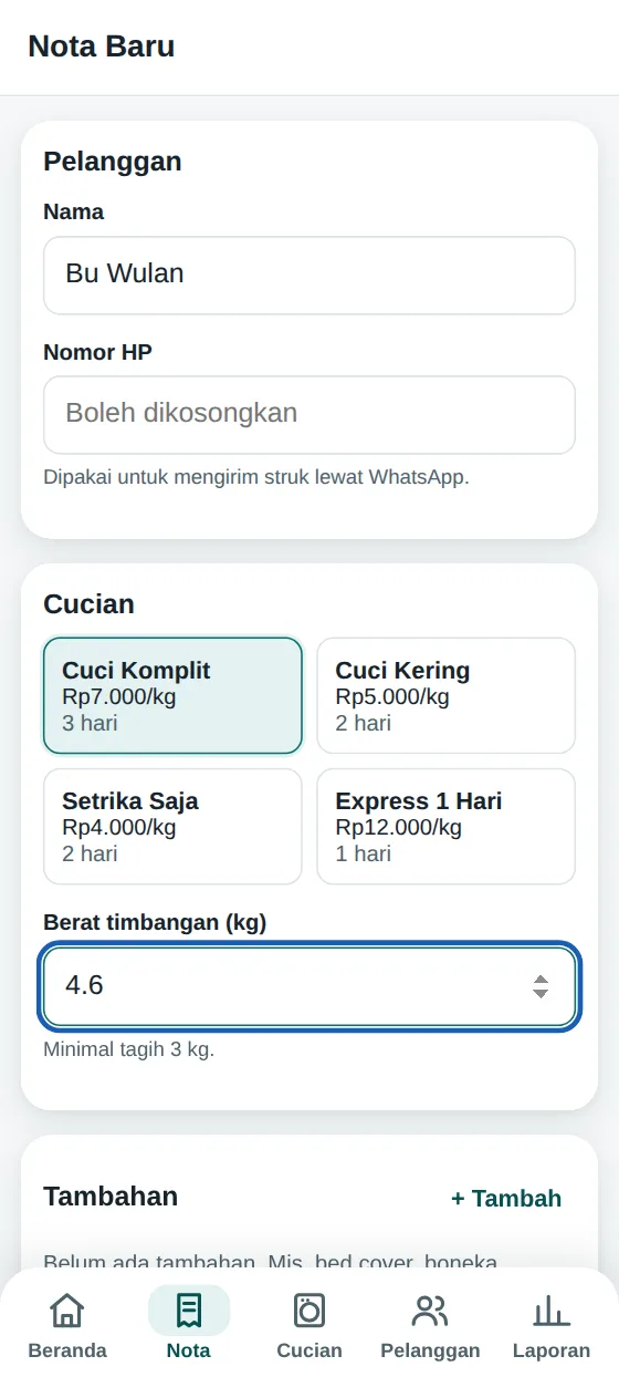 Layar Nota Baru: nama pelanggan, pilihan layanan dengan harga per kilo, dan berat timbangan