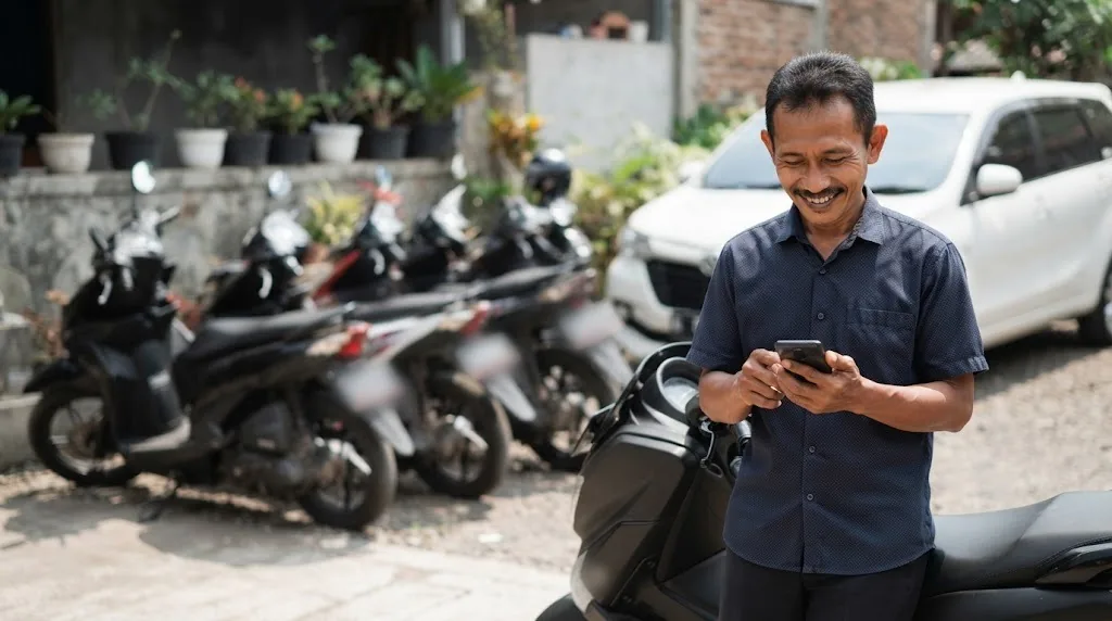 Pemilik rental tersenyum melihat HP sambil bersandar di motor, deretan motor dan mobil putih di belakangnya