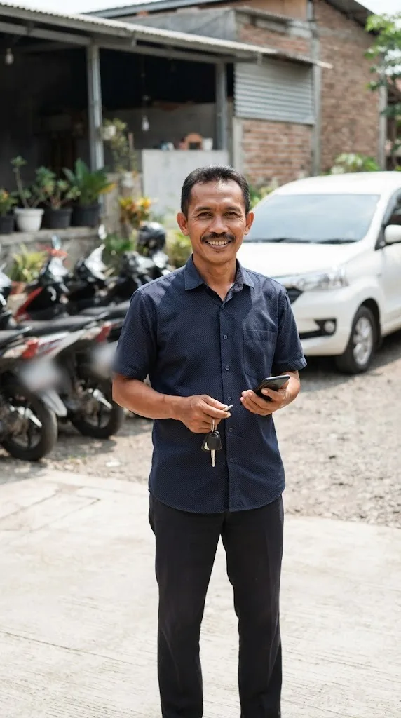 Bapak pemilik rental berkemeja biru tersenyum memegang HP dan kunci motor di halaman rental
