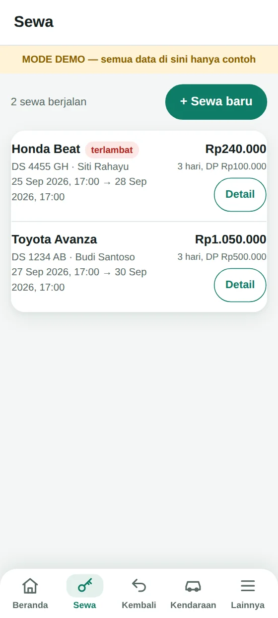Layar Sewa: dua sewa berjalan, satu berlencana terlambat, total dan DP tiap sewa