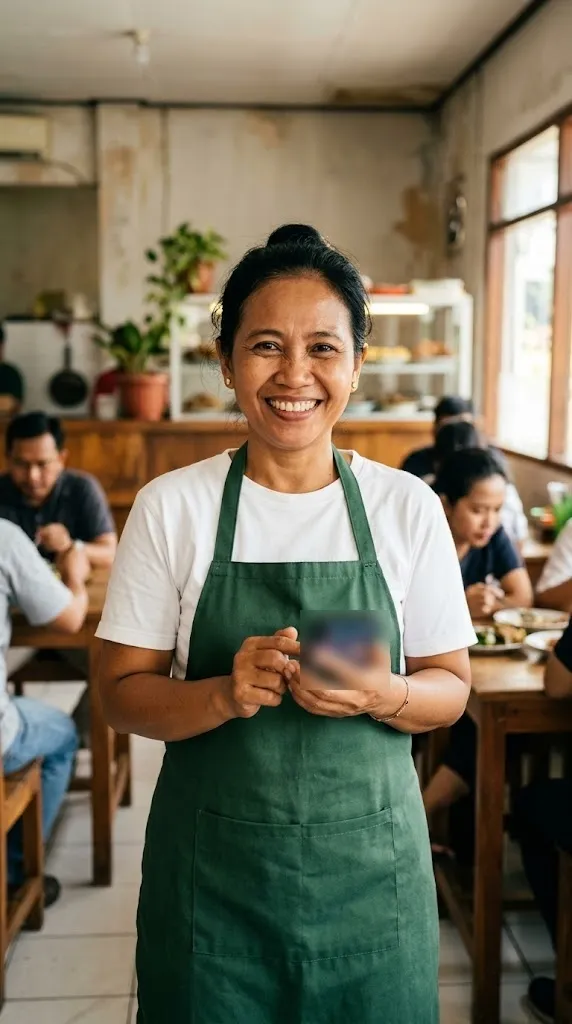Pemilik rumah makan bercelemek hijau tersenyum memegang HP di dalam rumah makannya