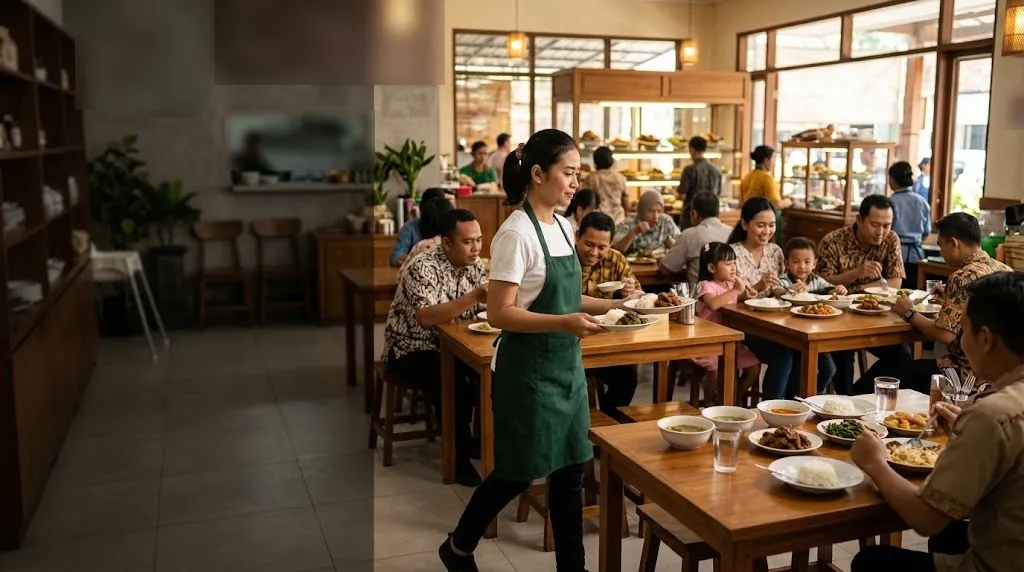 Rumah makan ramai saat jam makan siang, pelayan bercelemek hijau mengantar piring ke meja keluarga