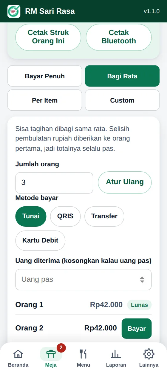 Layar Bayar: tagihan dibagi rata tiga orang, orang pertama sudah lunas