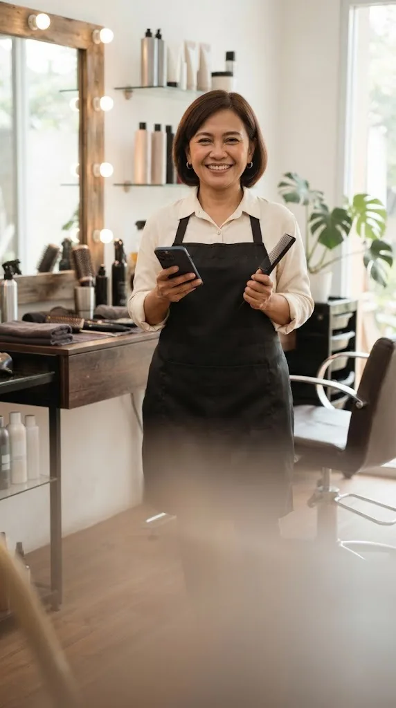 Penata rambut perempuan tersenyum di salon sambil memegang HP dan sisir