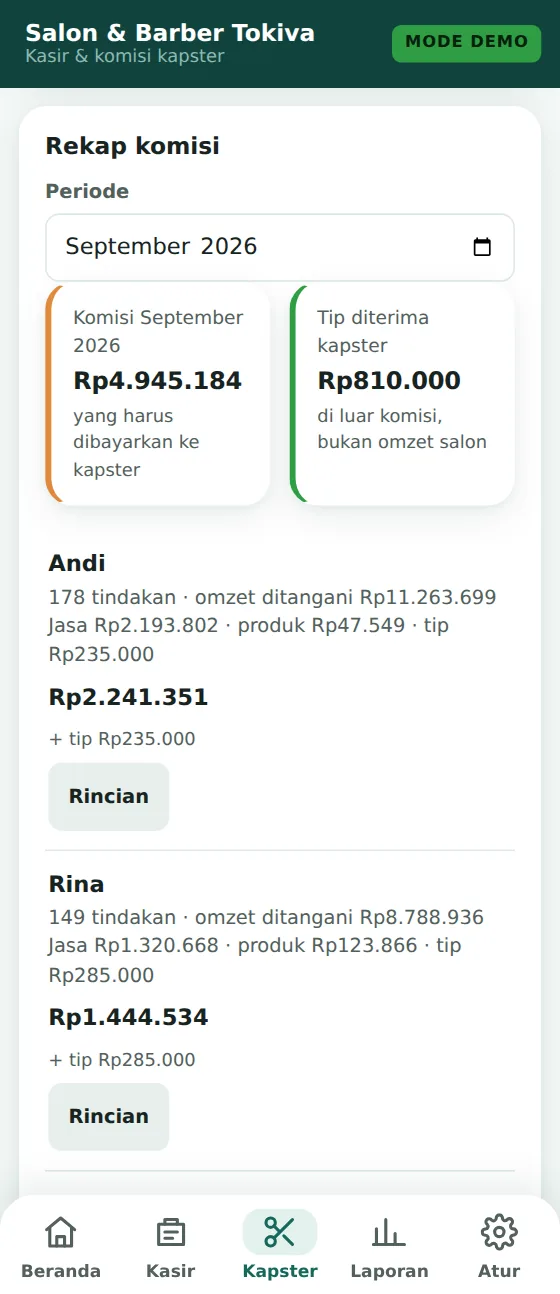 Rekap komisi bulan ini: komisi dan tip tiap kapster, bisa ditelusuri ke notanya