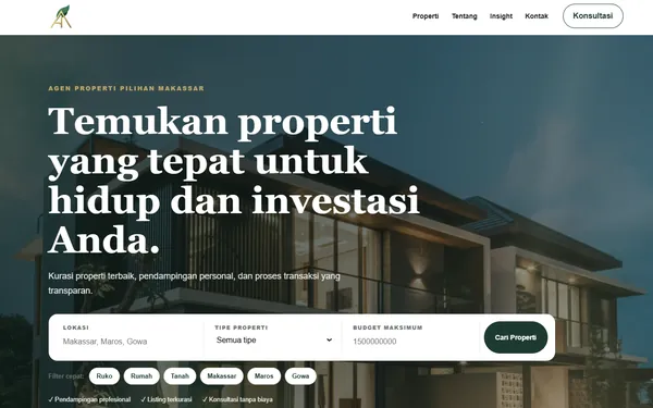 Tangkapan layar beranda Anima Property Makassar dengan kotak pencarian properti menurut lokasi, tipe, dan budget