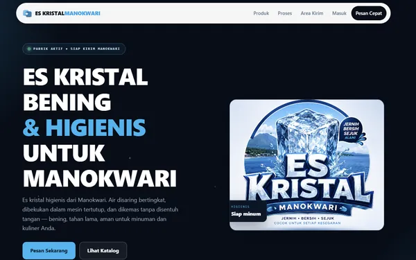 Tangkapan layar beranda Es Kristal Manokwari: judul besar Es Kristal Bening & Higienis dengan foto kemasan produk